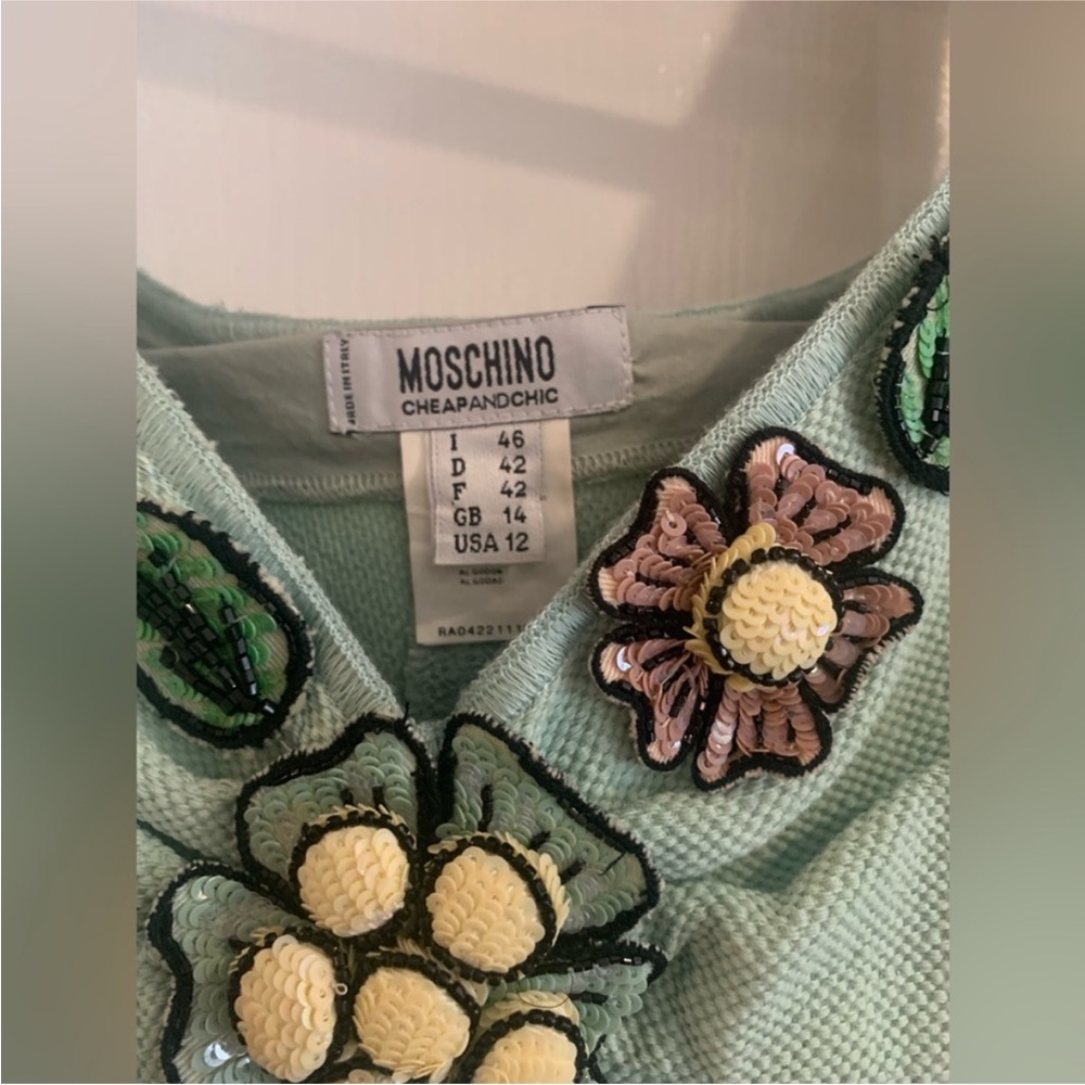 Moschino Light Green Midi Dress with Floral Embellishments